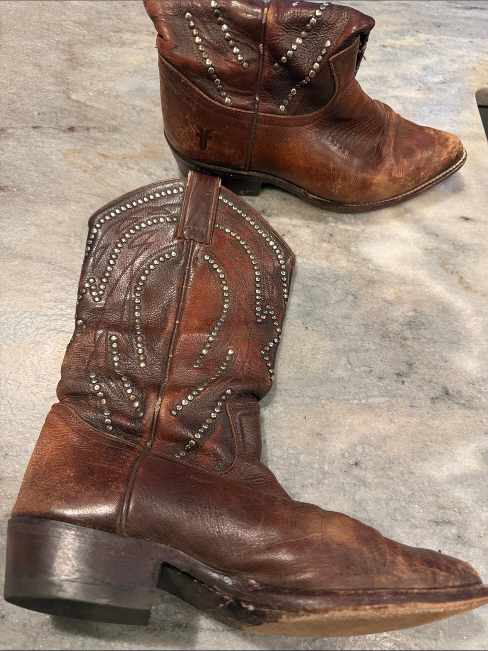 Frye Billy Brown Studded Leather Western Heeled Boots